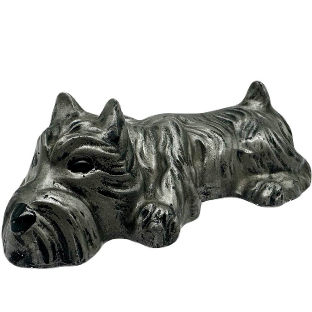 Vintage Scottish Terrier Scottie Dog Chalkware Painted Silver Statue Figurine